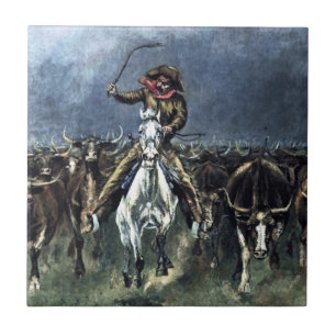 Caught in a Stampede Western Art by Frederic Remin Tile