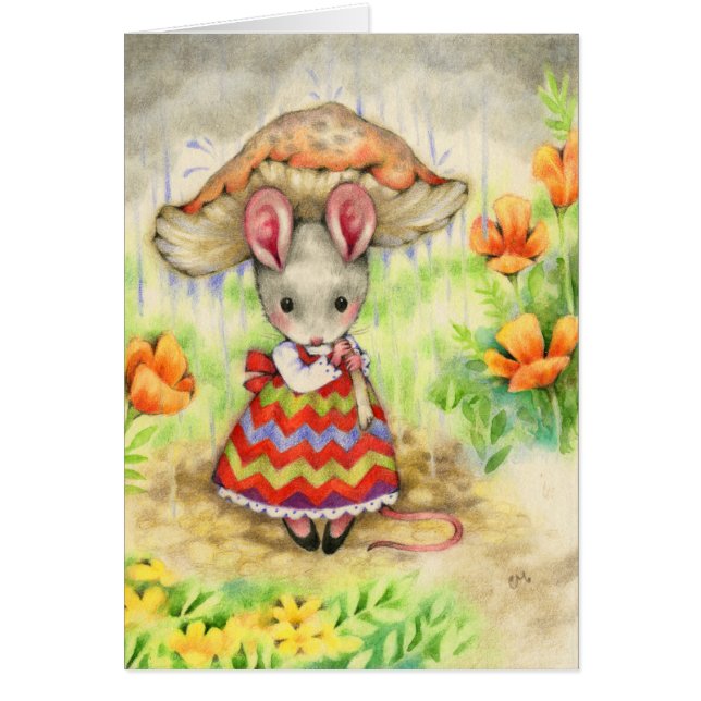 Caught in the Rain - Cute Mouse Art Card (Front)