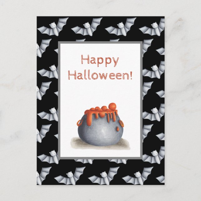 Cauldron and Bats Happy Halloween Postcard (Front)