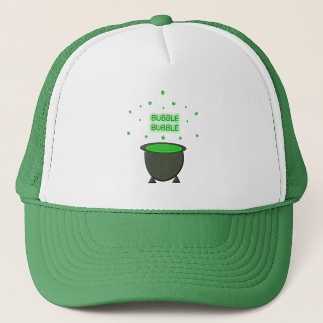 Cauldron and Bubbling Green Brew Halloween Trucker Hat (Front)