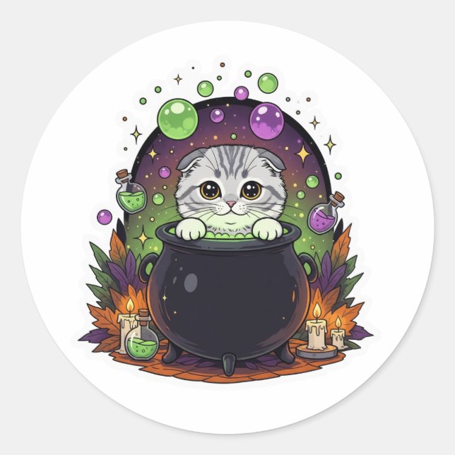 Cauldron Fold – Cute Scottish Fold Witch Halloween Classic Round Sticker (Front)