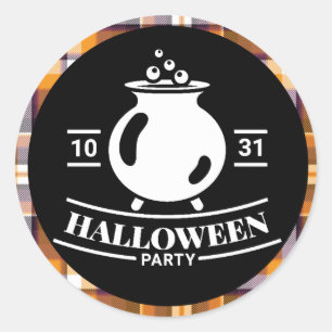 Cauldron Halloween Party Black/Orange Plaid Classic Round Sticker