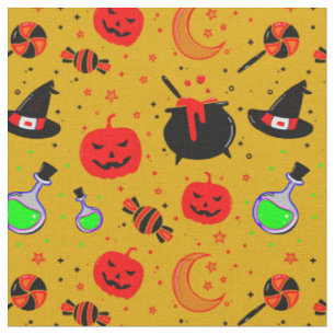 Cauldron Pumpkin Hat Candy Moon on Yellow Gold Fabric