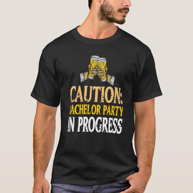 Caution Bachelor Party In Progress Funny Retro Pre T-Shirt (Front)