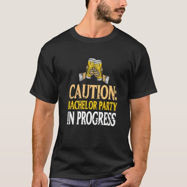 Caution Bachelor Party In Progress Funny Retro Pre T-Shirt (Front)