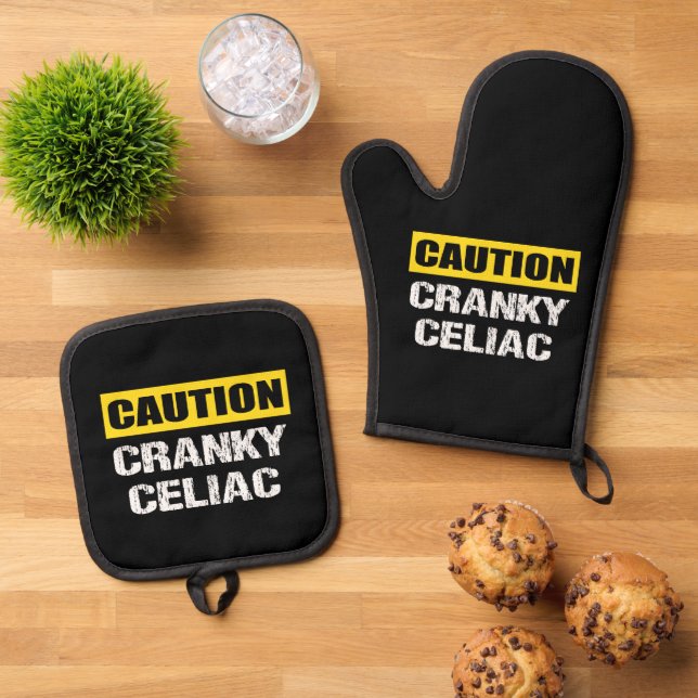 Caution Cranky Celiac Funny Quote Oven Mitt & Pot Holder Set (Top Down)