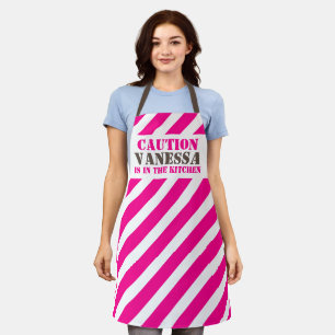Caution custom name in the kitchen pink stripe apron