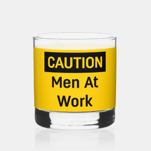 CAUTION Men at Work Yellow and Black Whiskey Glass
