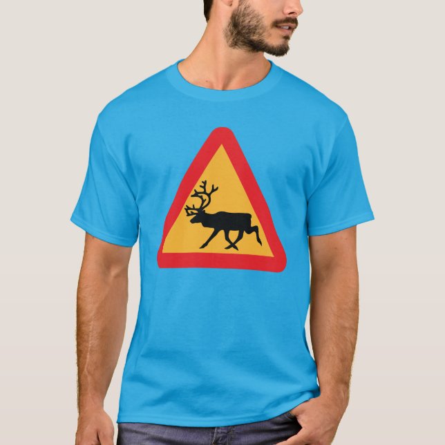 Caution Reindeer Swedish Traffic Sign T-Shirt (Front)