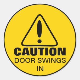 Caution Sign Door Swings In Classic Round Sticker