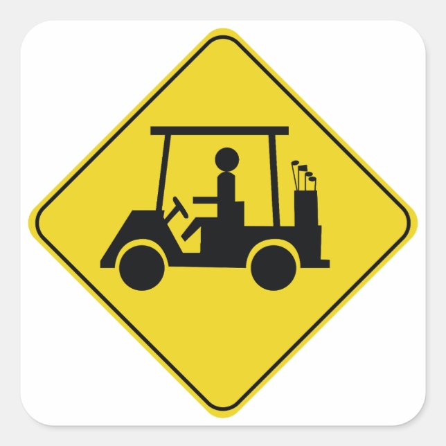 Caution Sign Yellow Golf Cart Crossing Square Sticker (Front)