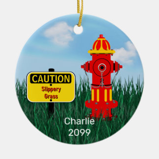 Caution Slippery Grass Dog Puppy Fire Hydrant  Cer Ceramic Tree Decoration