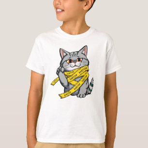 Caution Tape Cat – Funny Grey Tabby with Raised Pa T-Shirt