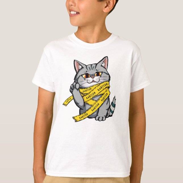 Caution Tape Cat – Funny Grey Tabby with Raised Pa T-Shirt (Front)