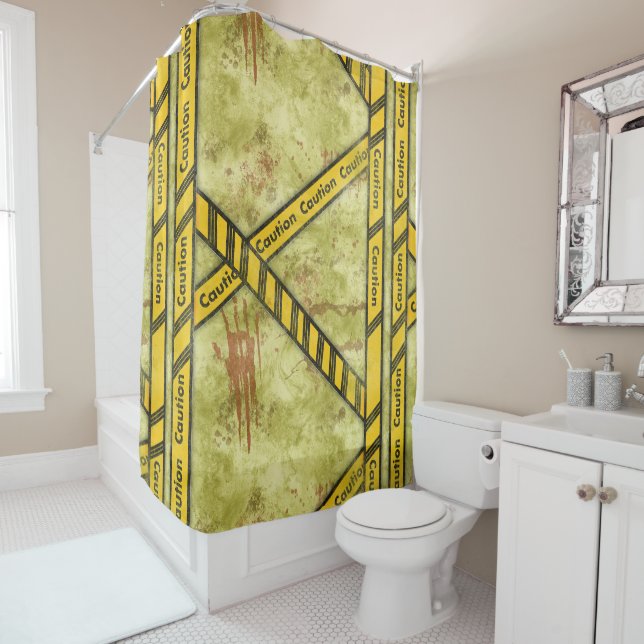 Caution Tape Splatter Horror Halloween crime scene Shower Curtain (In Situ)