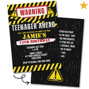 Caution Warning Sign Teenager 13th Birthday  Invitation