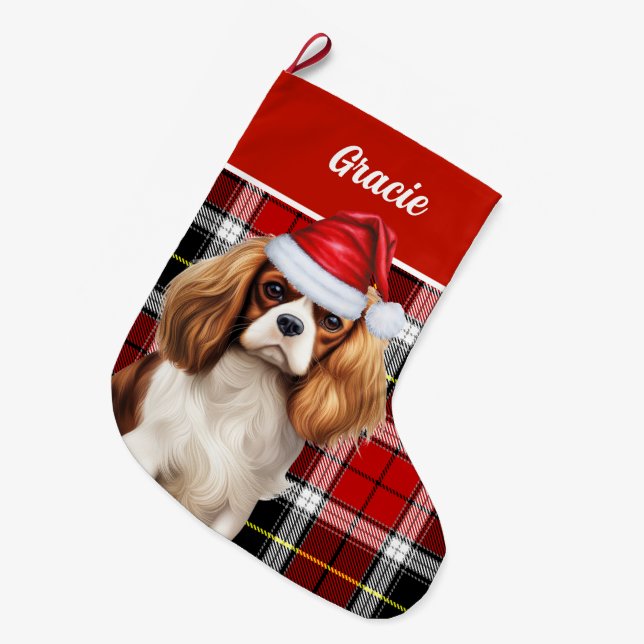 Cavalier Kind Charles Holiday Plaid Personalised Large Christmas Stocking (Front (Hanging))