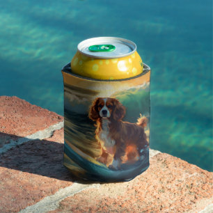 Cavalier King Beach Surfing Painting Can Cooler
