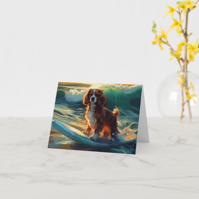 Cavalier King Beach Surfing Painting Card (Yellow Flower)