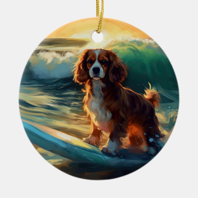Cavalier King Beach Surfing Painting Ceramic Tree Decoration (Front)