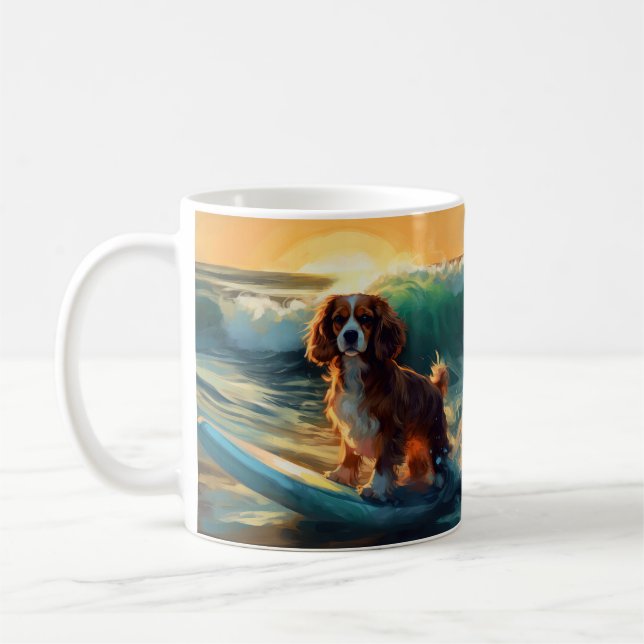 Cavalier King Beach Surfing Painting Coffee Mug (Left)