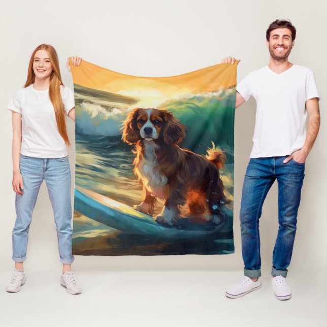 Cavalier King Beach Surfing Painting Fleece Blanket (In Situ)