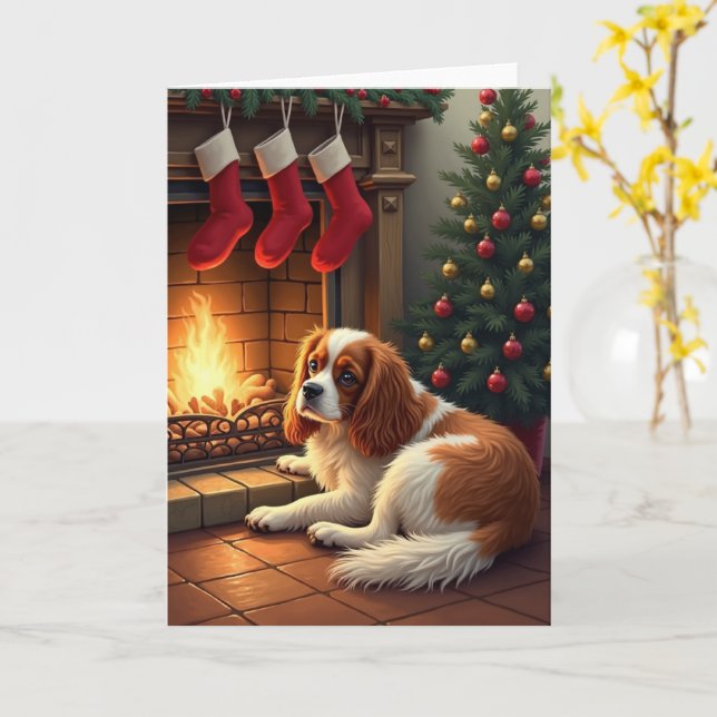 Cavalier King Charles by the Fireplace Christmas Card (Yellow Flower)