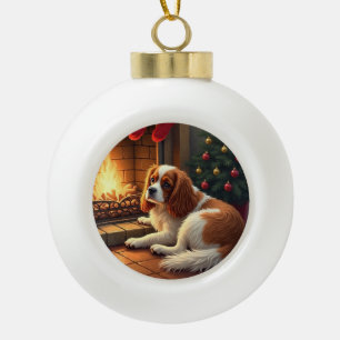 Cavalier King Charles by the Fireplace Christmas Ceramic Ball Christmas Ornament