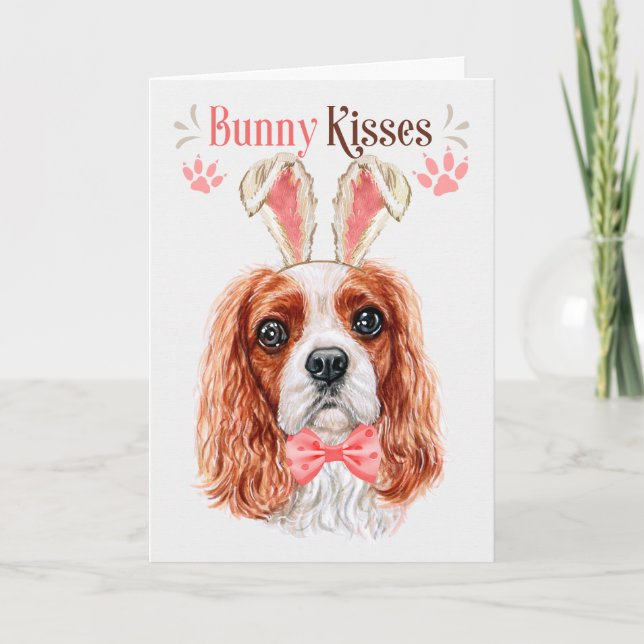 Cavalier King Charles Dog in Bunny Ears for Easter Holiday Card (Front)