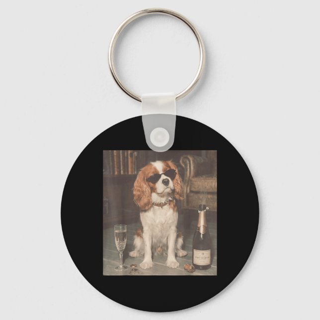 Cavalier King Charles Drinking Champagne Funny Key Ring (Front)