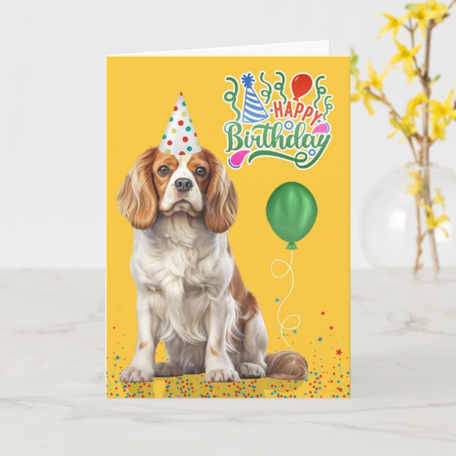 Cavalier King Charles Party Hat Yellow Birthday Card (Yellow Flower)