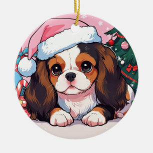 Cavalier King Charles pastel Christmas hat Ceramic Tree Decoration