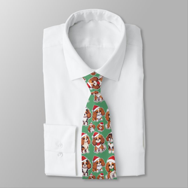 Cavalier King Charles Pastel Christmas Pattern Tie (Tied)