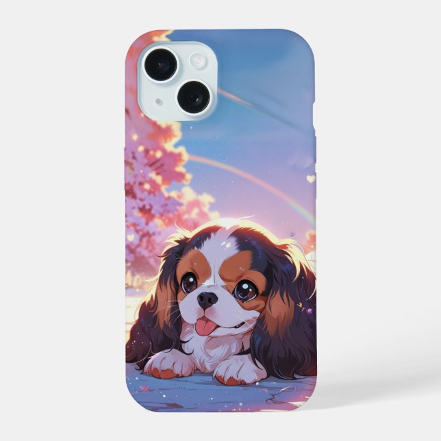 Cavalier King Charles Pastel Sakura Rainbow sky iPhone 15 Case (Back)