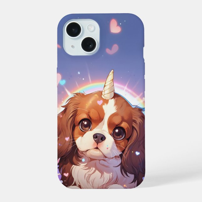 Cavalier King Charles Pastel Unicorn Rainbow sky iPhone 15 Case (Back)