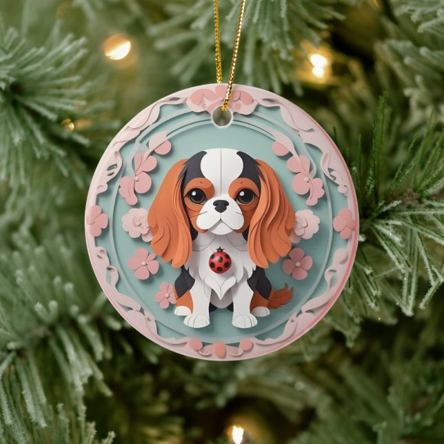 Cavalier King Charles Pink Flowers Paper Cutting Ceramic Tree Decoration (Tree)