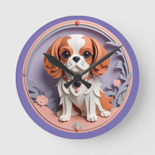 Cavalier King Charles Purple Pastel Paper Cutting Round Clock