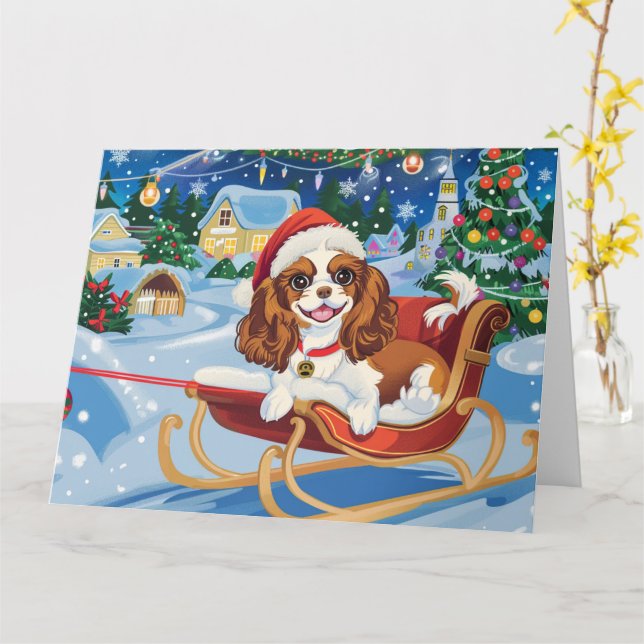 Cavalier King Charles Sleigh Snow Christmas Card (Yellow Flower)