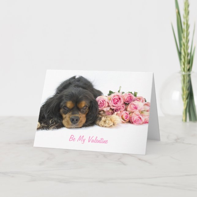 Cavalier King Charles Spaniel And Roses Valentine Holiday Card (Front)