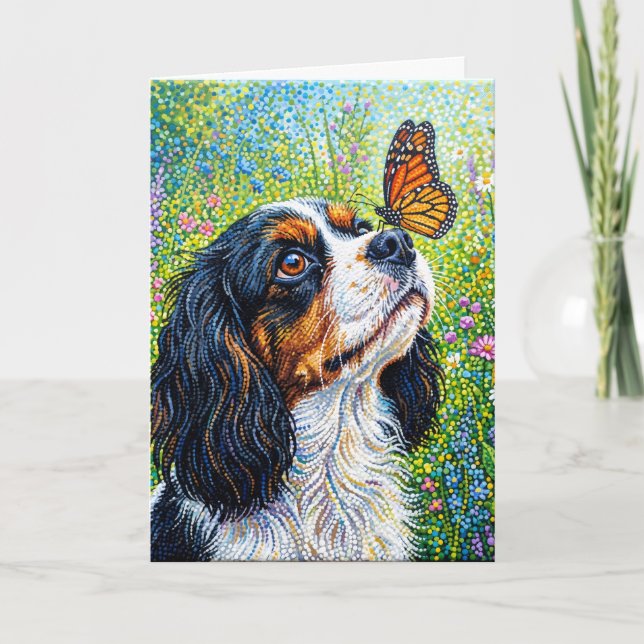 Cavalier King Charles Spaniel Butterfly Garden  Card (Front)