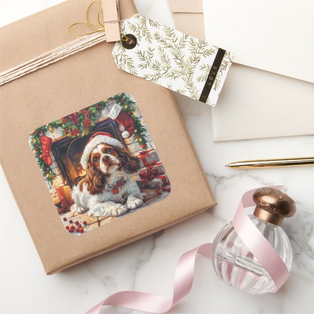 Cavalier King Charles Spaniel by Fireplace Square Sticker (Gifting)