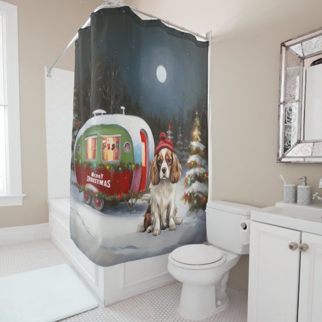 Cavalier King Charles Spaniel Caravan Christmas  Shower Curtain (In Situ)