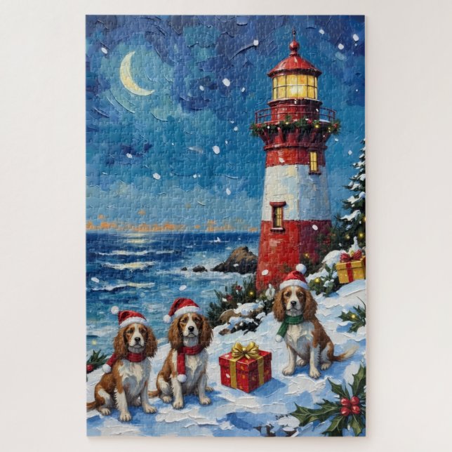 Cavalier King Charles Spaniel Christmas Lighthouse Jigsaw Puzzle (Vertical)