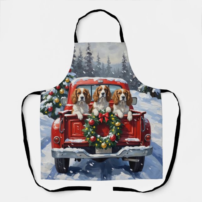 Cavalier King Charles Spaniel Christmas Red Truck Apron (Front)