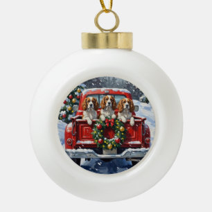 Cavalier King Charles Spaniel Christmas Red Truck Ceramic Ball Christmas Ornament