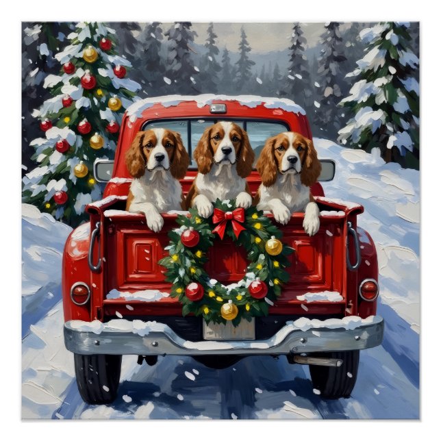 Cavalier King Charles Spaniel Christmas Red Truck Poster (Front)