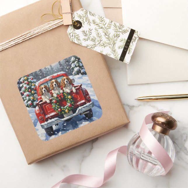 Cavalier King Charles Spaniel Christmas Red Truck Square Sticker (Gifting)
