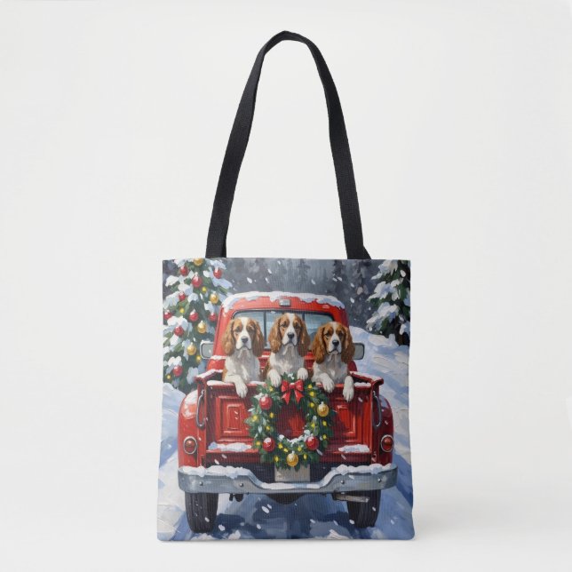 Cavalier King Charles Spaniel Christmas Red Truck Tote Bag (Front)