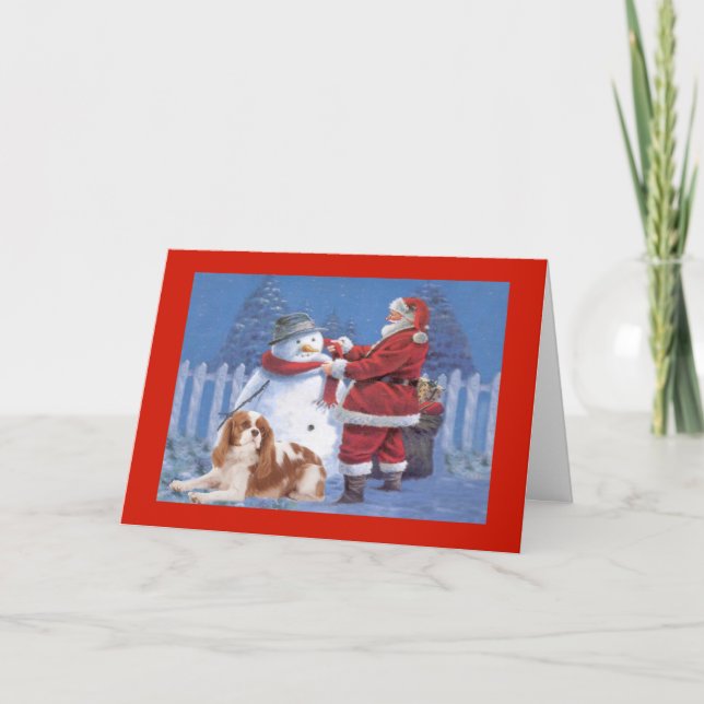 Cavalier King Charles Spaniel Christmas Snowman Holiday Card (Front)