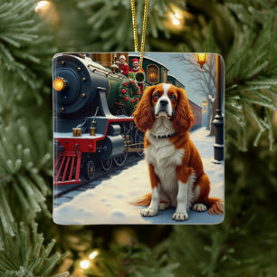 Cavalier King Charles Spaniel Christmas Train Ceramic Ornament